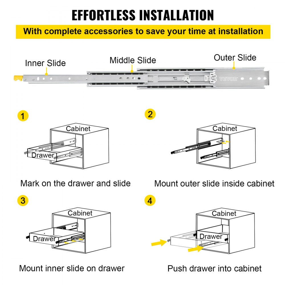 Drawer Slides with Lock, 1 Pair 30 inch, Heavy-Duty Industrial Steel up to 500 lbs Capacity, 3-Fold Full Extension, Ball Bearing Lock-in & Lock-Out, Side Mount