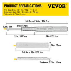 Drawer Slides with Lock, 1 Pair 52 inch, Heavy-Duty Industrial Steel up to 500 lbs Capacity, 3-Fold Full Extension, Ball Bearing Lock-in & Lock-Out, Side Mount