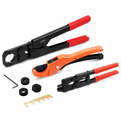 Bostome PEX pipe crimping tool kit with three interchangeable jaw dies and portable case.