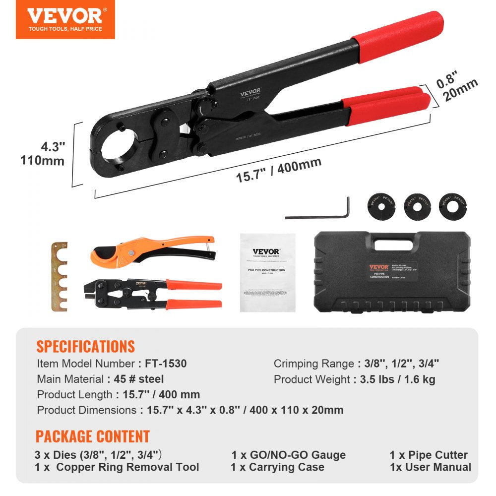 Bostome PEX pipe crimping tool kit with three interchangeable jaw dies and portable case.