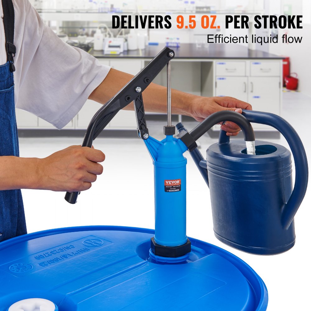 Drum Pump, 9.5 oz. Per Stroke, Lever-Action Barrel Pump, Fits 5-55 Gallon Drums with 3-Section Suction Tube Assembly & Hose, Hand Operated, Designed to Transfer Water, Alcohol, Corrosive Liquids