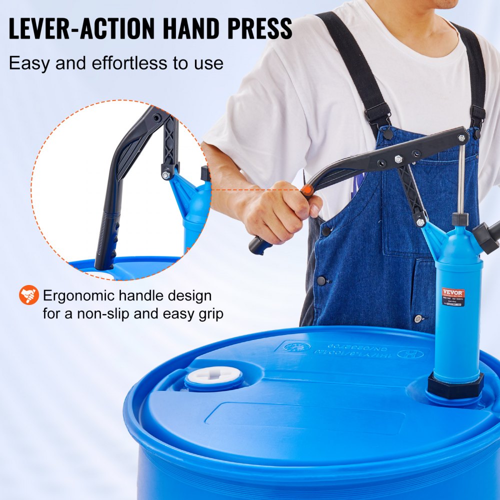 Drum Pump, 9.5 oz. Per Stroke, Lever-Action Barrel Pump, Fits 5-55 Gallon Drums with 3-Section Suction Tube Assembly & Hose, Hand Operated, Designed to Transfer Water, Alcohol, Corrosive Liquids