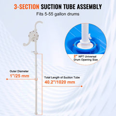 Drum Pump, 6.5 GPM Flow, Rotary Barrel Pump Hand Crank, Fits 5 to 55 Gallon Drums with 3-Section Suction Tube Assembly and Hose, Designed for Fast Transfer of Water, Alcohol, Corrosive Liquids