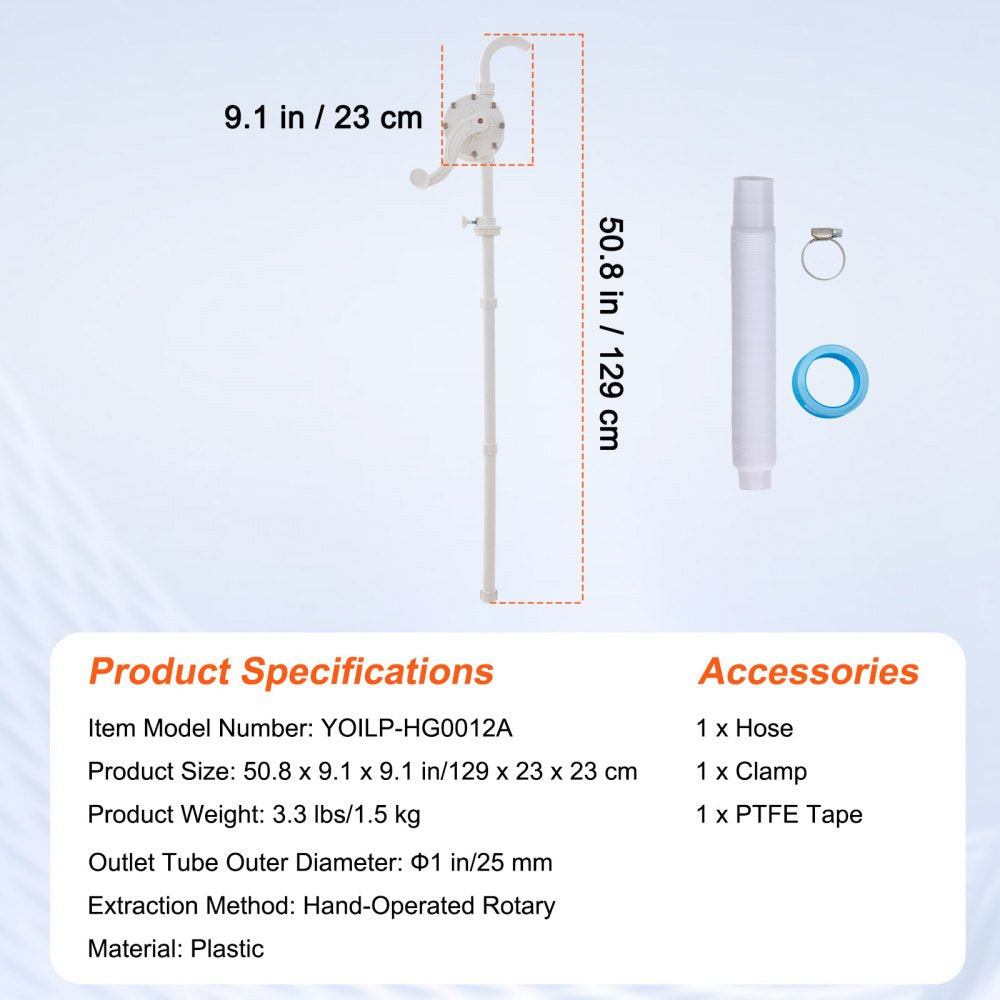 Drum Pump, 6.5 GPM Flow, Rotary Barrel Pump Hand Crank, Fits 5 to 55 Gallon Drums with 3-Section Suction Tube Assembly and Hose, Designed for Fast Transfer of Water, Alcohol, Corrosive Liquids
