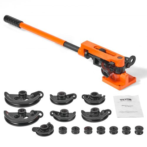 Orange manual pipe bender with 7 black dies for 3/8" to 1" tubes.