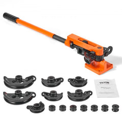 Orange manual pipe bender with 7 black dies for 3/8" to 1" tubes.