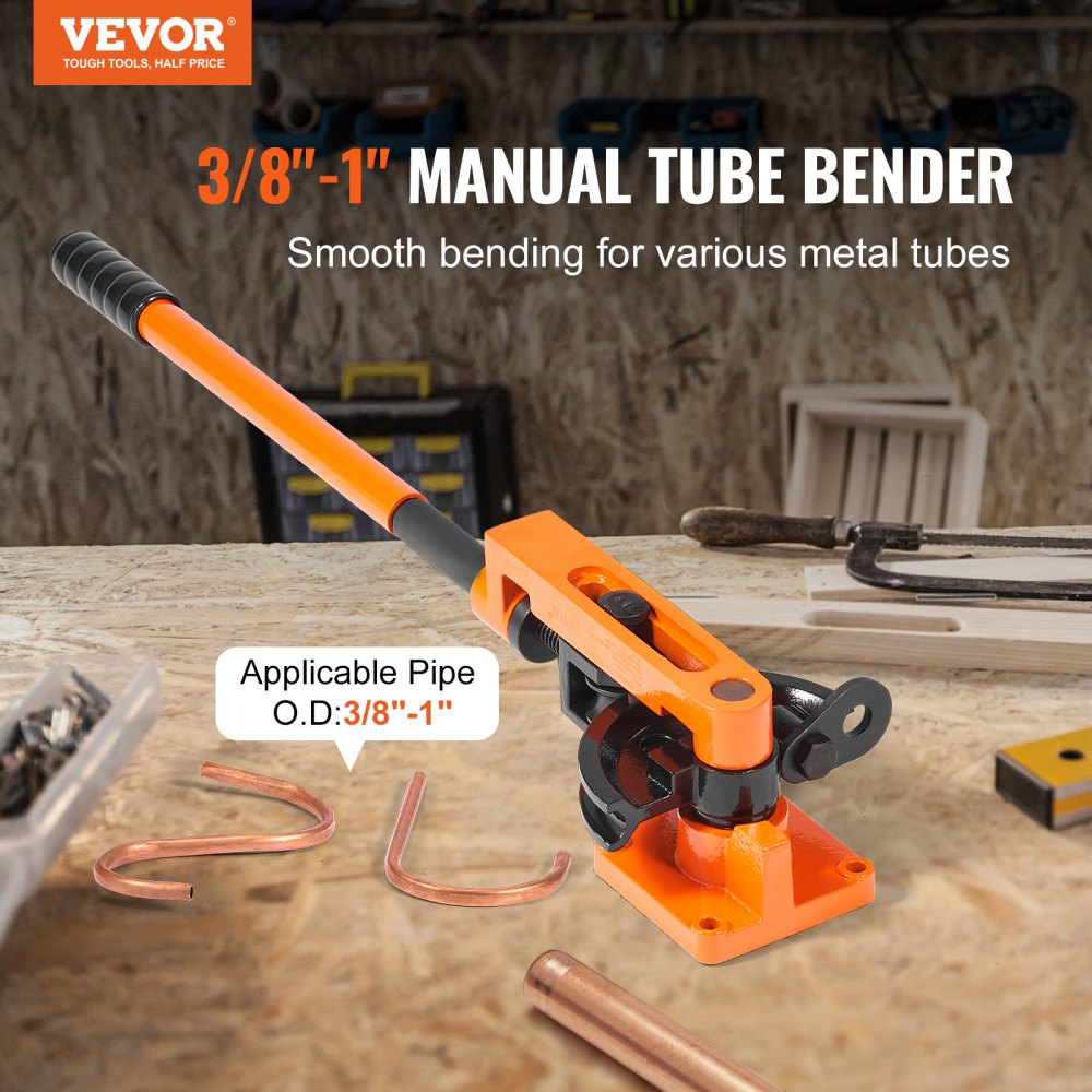 Orange manual tube bender with 7 dies for 3/8"-1" pipes on workbench with copper tubes.