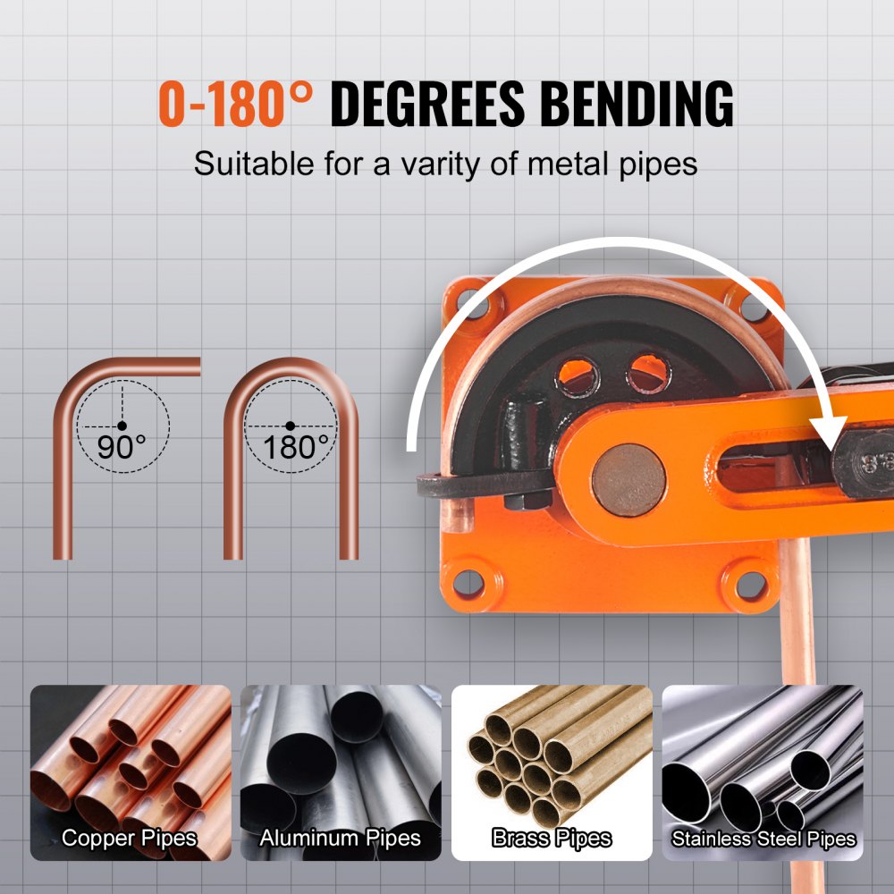 Orange manual pipe bender with 7 dies for 3/8"-1" copper, aluminum, brass, and steel tubes, bending up to 180 degrees.