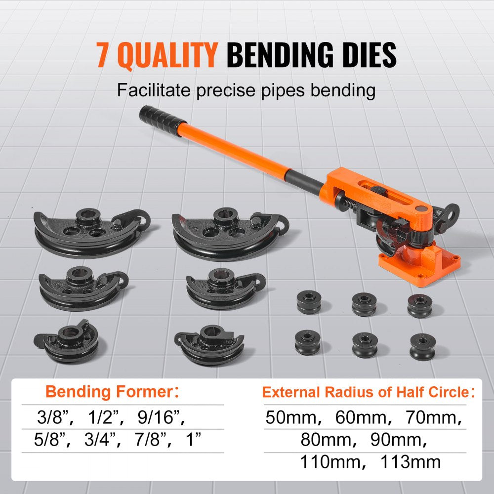 Manual pipe tube bender with orange handle and 7 black dies for 3/8" to 1" pipes.