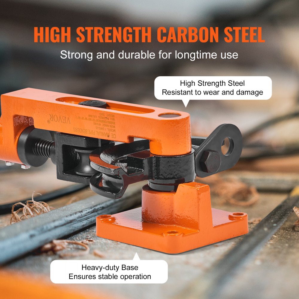 Orange manual pipe tube bender with 7 dies for 3/8"-1" pipes, featuring high-strength carbon steel frame and heavy-duty base.