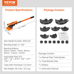 Manual pipe tube bender with 7 dies for 3/8" to 1" pipes, shown with orange handle and black components.