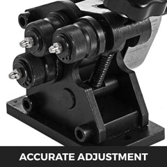 Bostome Ring Roller Bender with heat-treated steel for bending 1/4in round rods into 3in rings.