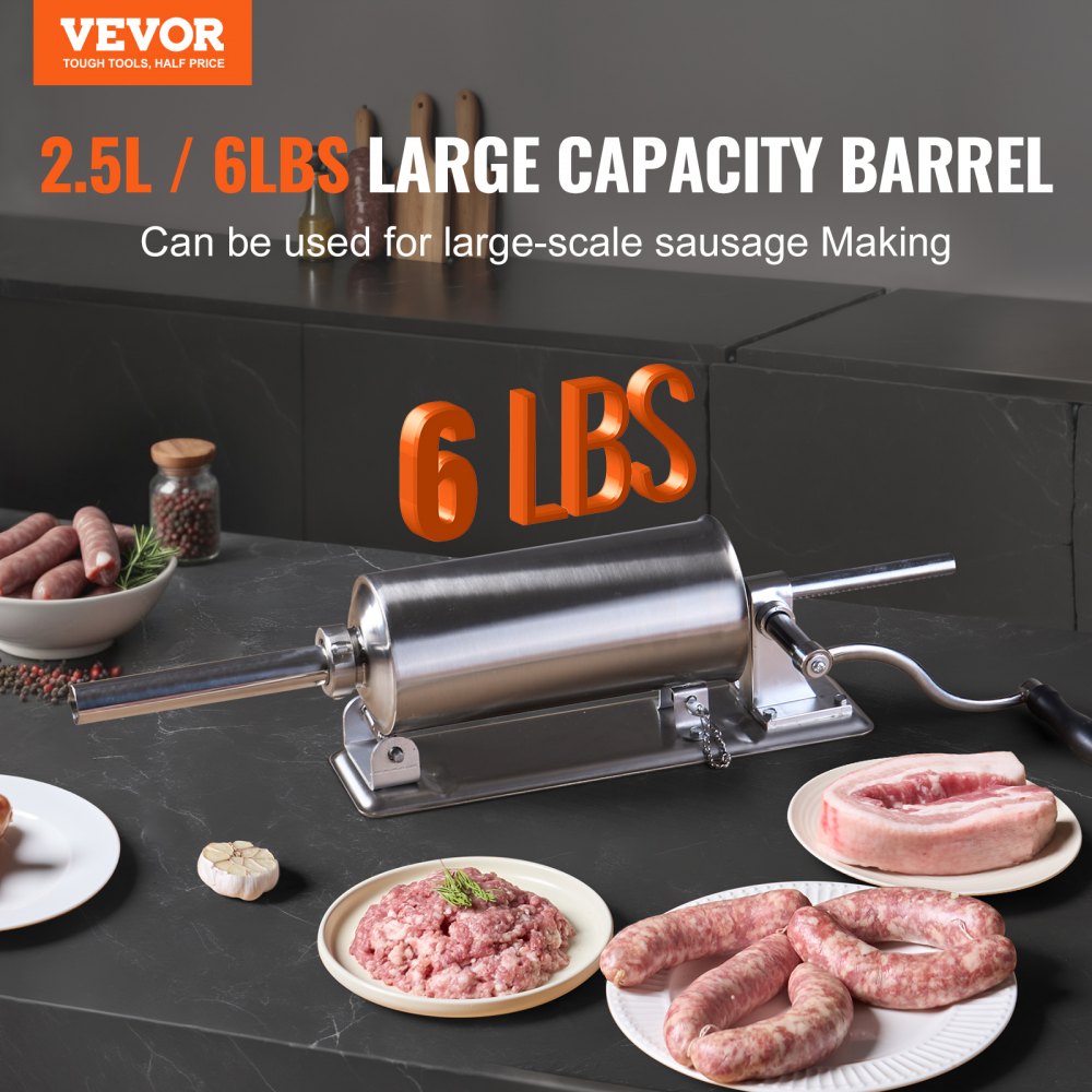 Manual Sausage Stuffer, 2.5 L / 6 LBS Horizontal Sausage Machine with U-type Clamp, Made of Food-Grade Stainless Steel, Includes 8 Stuffing Tubes, for Home Kitchen Restaurant Commercial