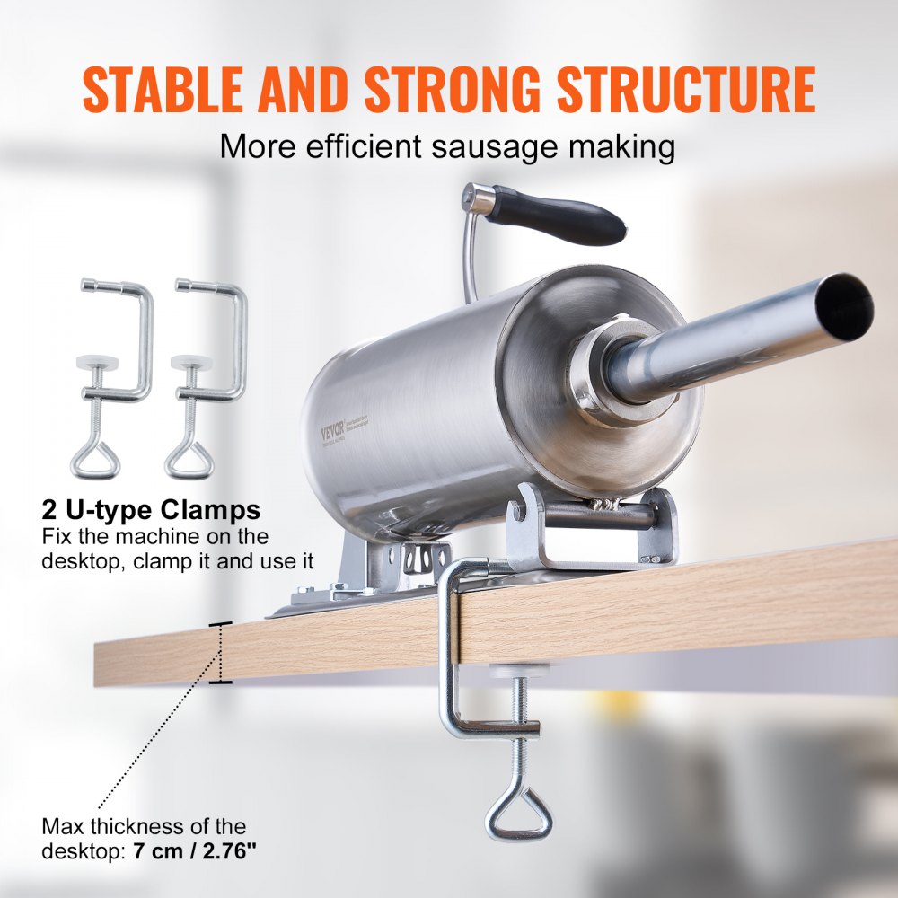 Manual Sausage Stuffer, 2.5 L / 6 LBS Horizontal Sausage Machine with U-type Clamp, Made of Food-Grade Stainless Steel, Includes 8 Stuffing Tubes, for Home Kitchen Restaurant Commercial