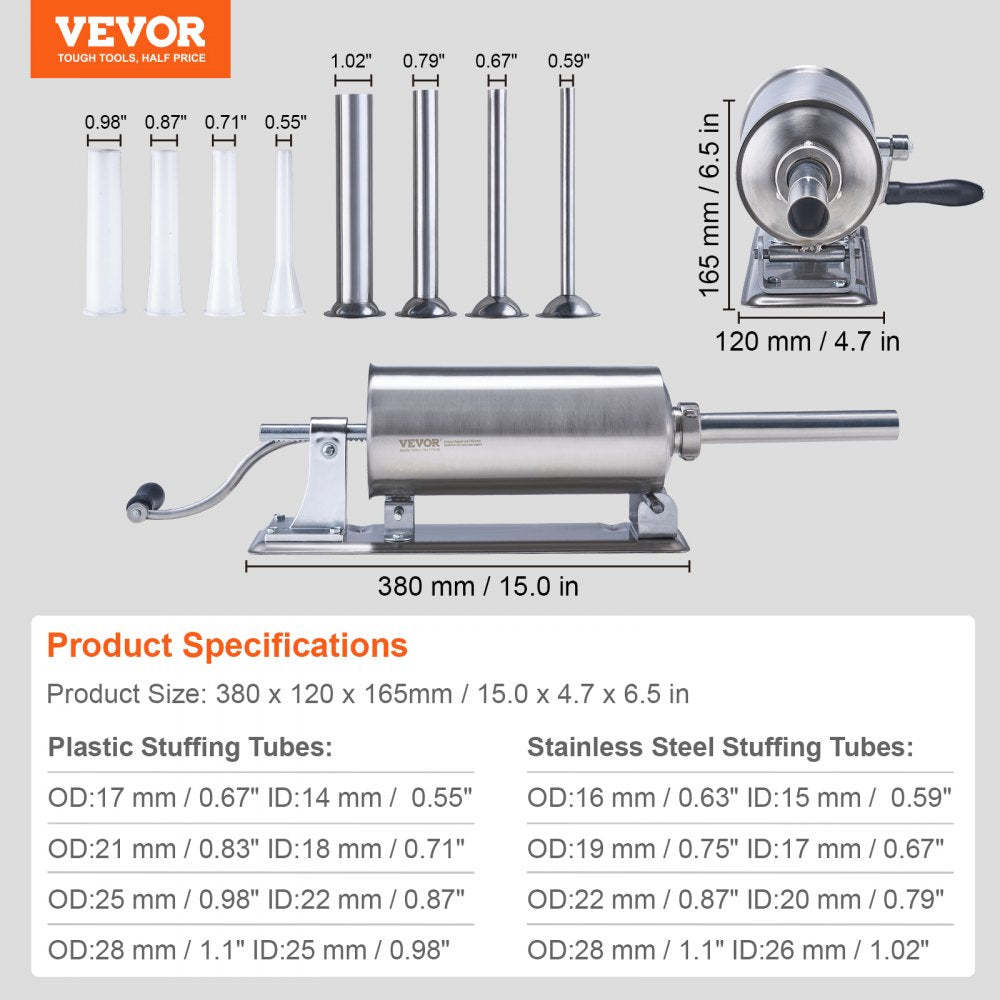 Manual Sausage Stuffer, 2.5 L / 6 LBS Horizontal Sausage Machine with U-type Clamp, Made of Food-Grade Stainless Steel, Includes 8 Stuffing Tubes, for Home Kitchen Restaurant Commercial