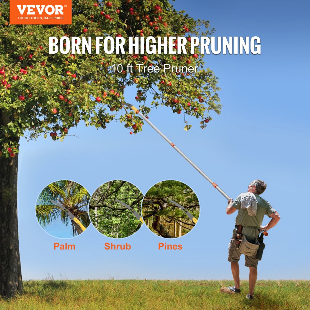 A man using a 10 ft extendable tree pruner pole saw with 65 Mn steel blade to trim high branches on a tree.