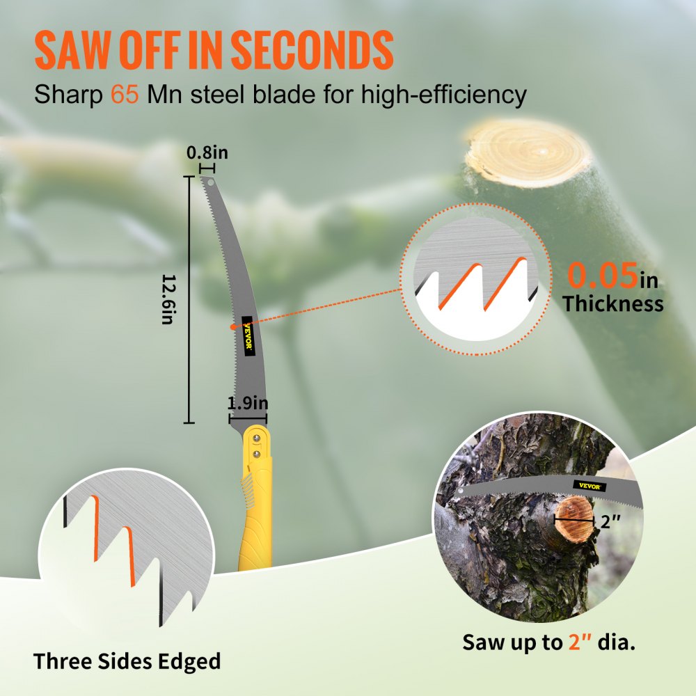 Extendable tree pruner pole saw with 12.6-inch 65 Mn steel blade and yellow handle.