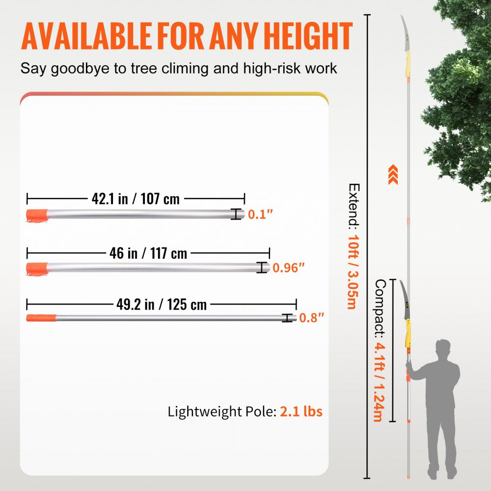 Extendable 10 ft tree pruner pole saw with 65 Mn steel blade and lightweight aluminum pole.