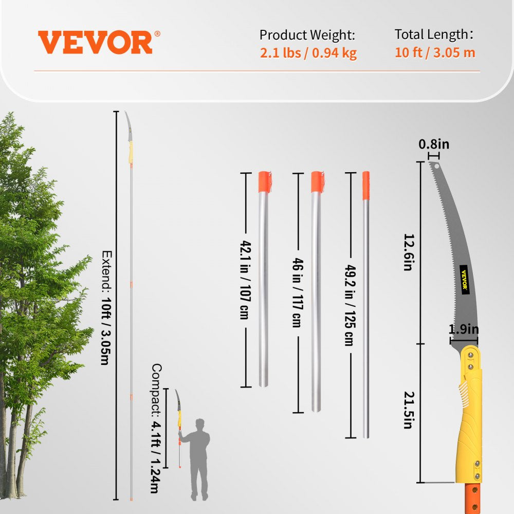 Extendable 10 ft tree pruner pole saw with 65 Mn steel blade and 2.1 lb aluminum pole.