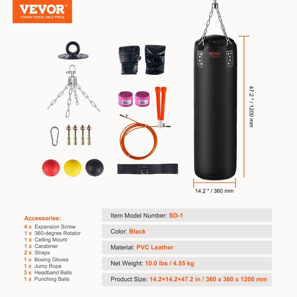 Punching Bag for Adults, 4ft PVC Heavy Boxing Bag Set, Punching Bag with Chains and Gloves, Hanging Boxing Bag for MMA Karate Judo, Muay Thai Kickboxing Boxing, Home Gym Training, (Unfilled)