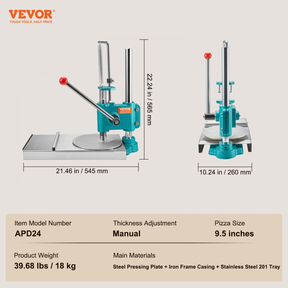Manual Pizza Dough Press Machine, 9.5inch/24cm Household Pizza Pastry, Stainless Steel Pizza Presser, Commercial Chapati Sheet Pizza Crust Press Plate, Height Adjustable Pizza Forming Machine