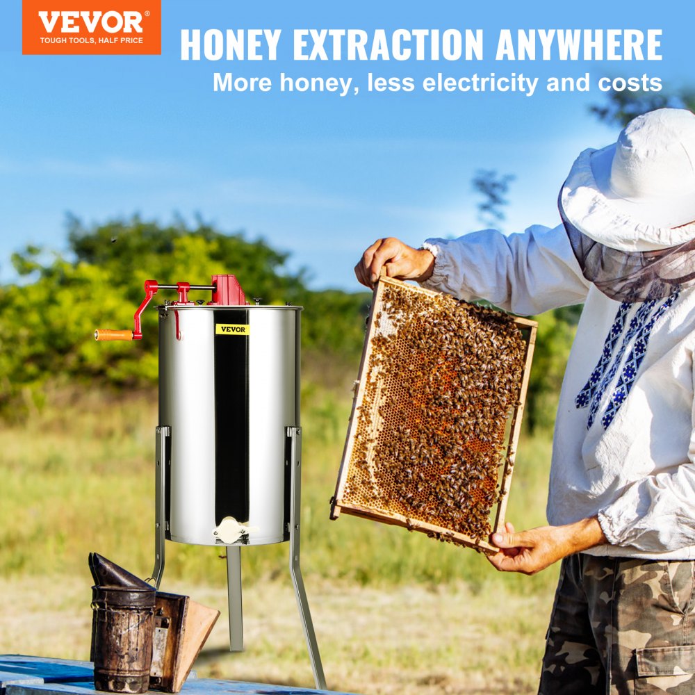Manual Honey Extractor, 3 Frames Honey Spinner Extractor, Stainless Steel Beekeeping Extraction, Honeycomb Drum Spinner with Lid, Apiary Centrifuge Equipment with Height Adjustable Stand