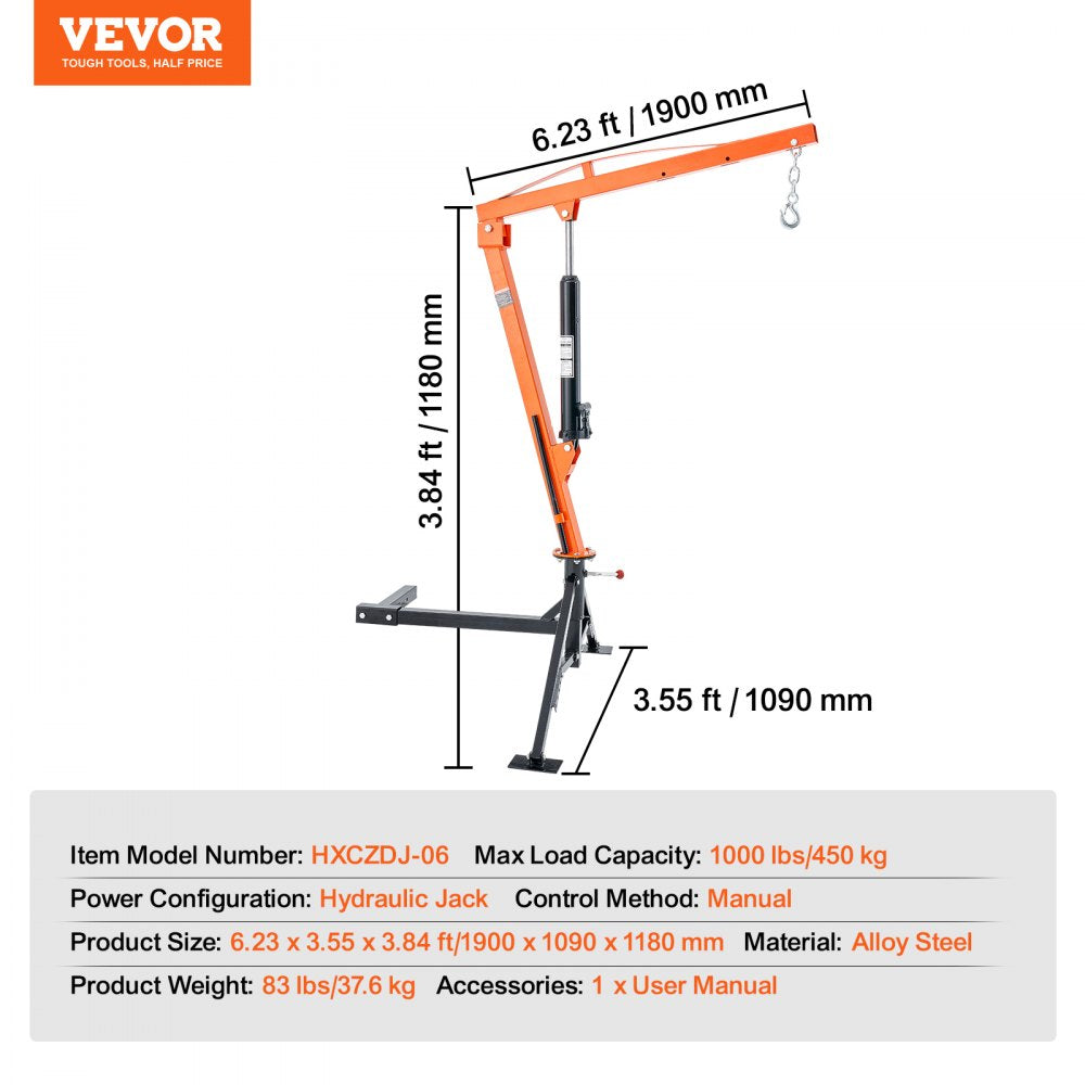 Hydraulic Pickup Truck Crane Hoist Crane 1000 lbs 360° Swivel Hoist Lift