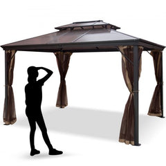Hardtop Gazebo 10` x 10` with Netting - Metal Gazebo Aluminum Permanent Double Tier Roof- Gazebos for Patios, Backyard, Outdoor and Lawn