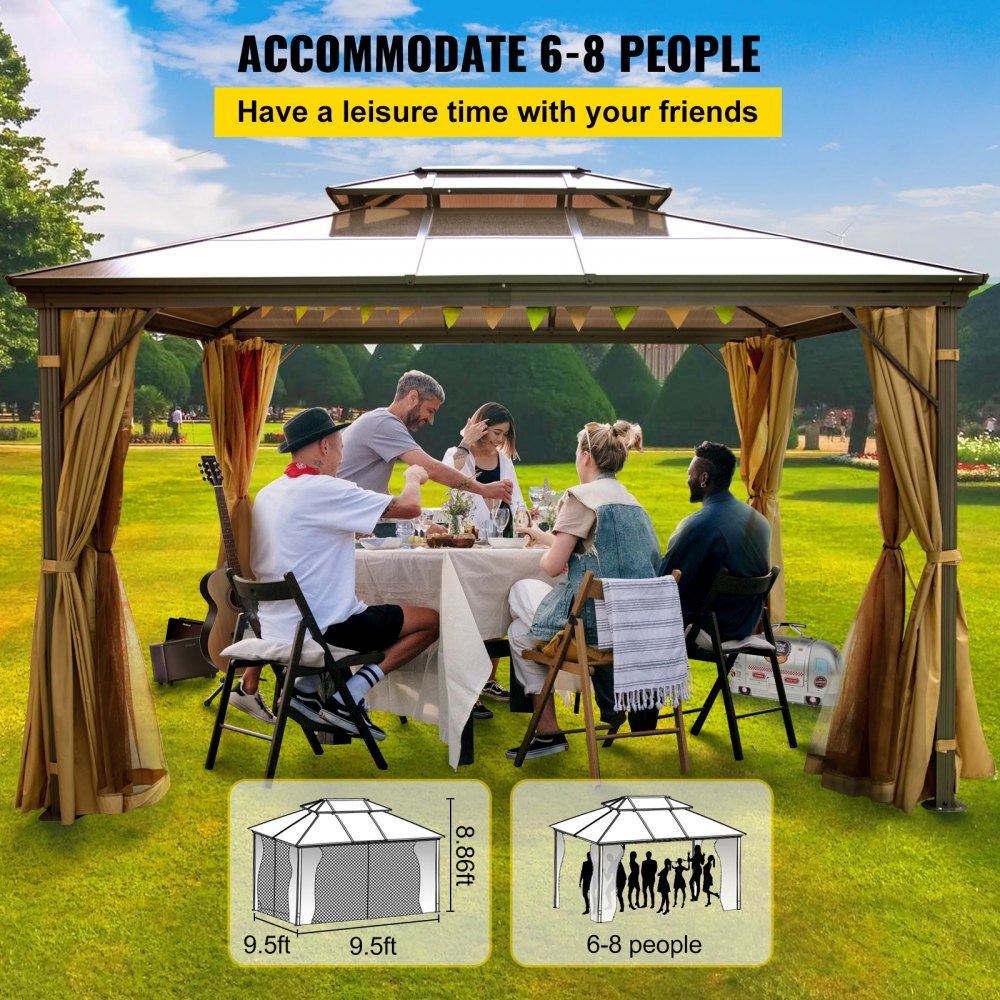 Hardtop Gazebo 10` x 10` with Netting - Metal Gazebo Aluminum Permanent Double Tier Roof- Gazebos for Patios, Backyard, Outdoor and Lawn