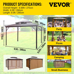 Hardtop Gazebo 10` x 10` with Netting - Metal Gazebo Aluminum Permanent Double Tier Roof- Gazebos for Patios, Backyard, Outdoor and Lawn