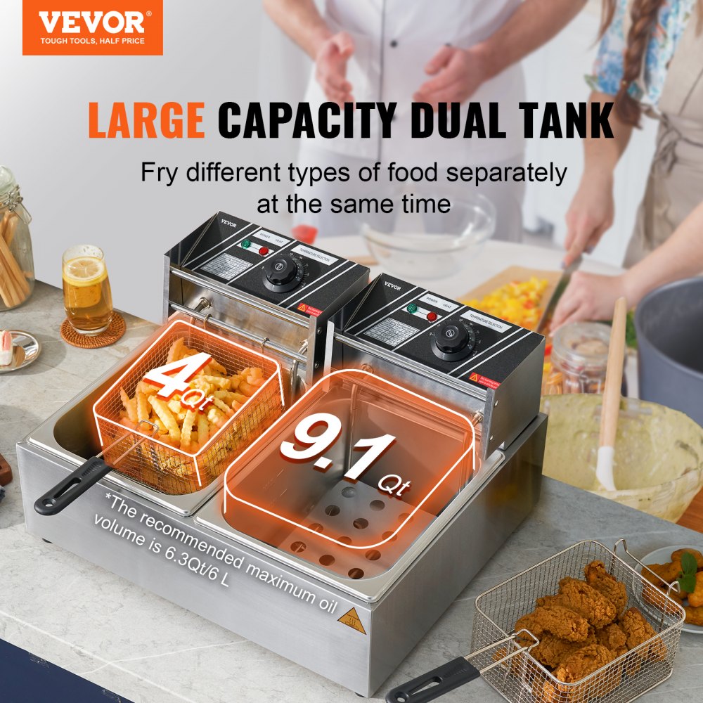 Commercial Electric Deep Fryer Countertop Deep Fryer Dual Detachable Tanks