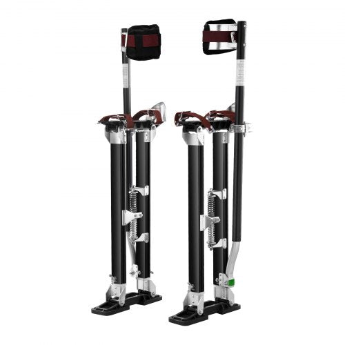 Black adjustable aluminum drywall stilts with knee pads and rubber bases, height 24-40 inches.