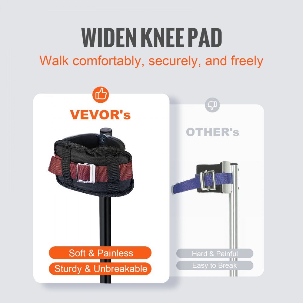 Black adjustable aluminum drywall stilts, 24-40 inches, with knee pads and straps.