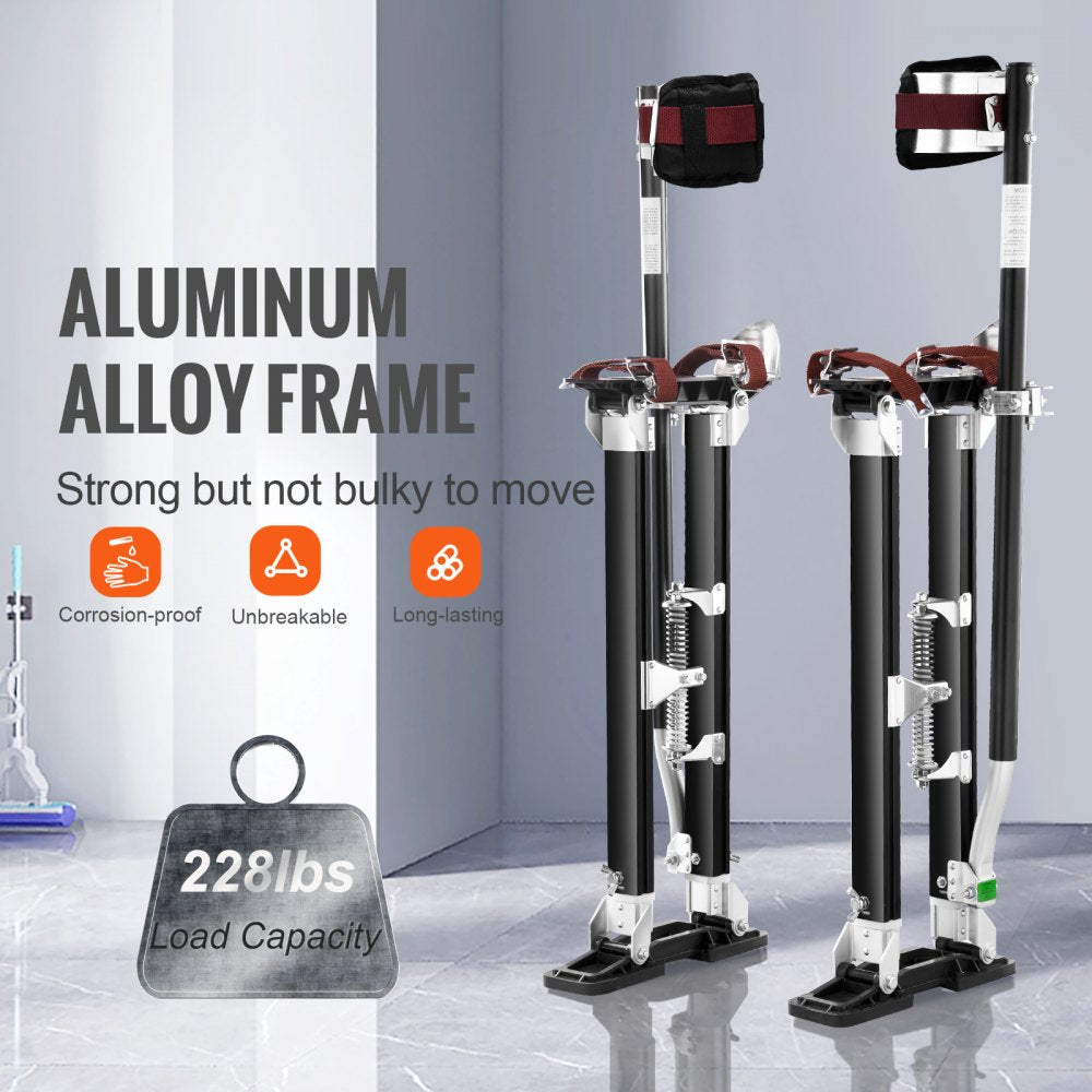 Black adjustable aluminum drywall stilts with 24-40 inch height range and 228 lb capacity.