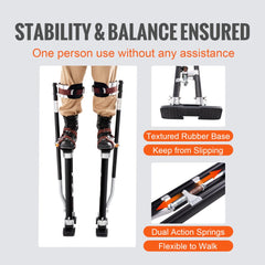 Black adjustable aluminum drywall stilts, 24-40 inches, with rubber bases and dual springs.