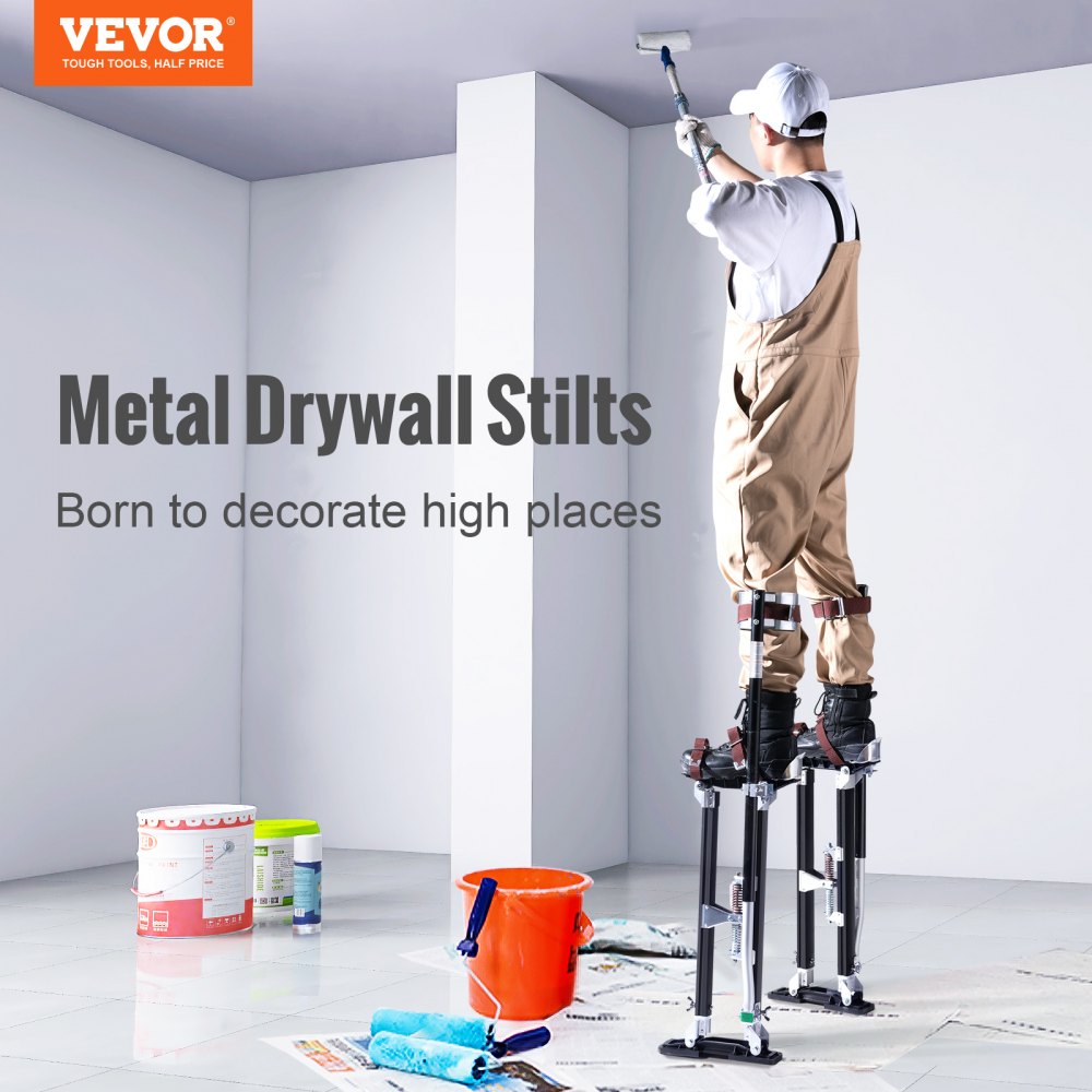 Person wearing black adjustable aluminum drywall stilts painting a ceiling in a white room.