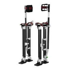 Pair of adjustable black aluminum drywall stilts, 24-40 inches, with red straps and pads.