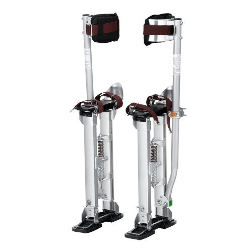 Adjustable aluminum drywall stilts with PVC knee pads and shock-absorbing springs.