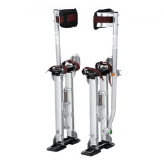 Adjustable aluminum drywall stilts with PVC knee pads and shock-absorbing springs.
