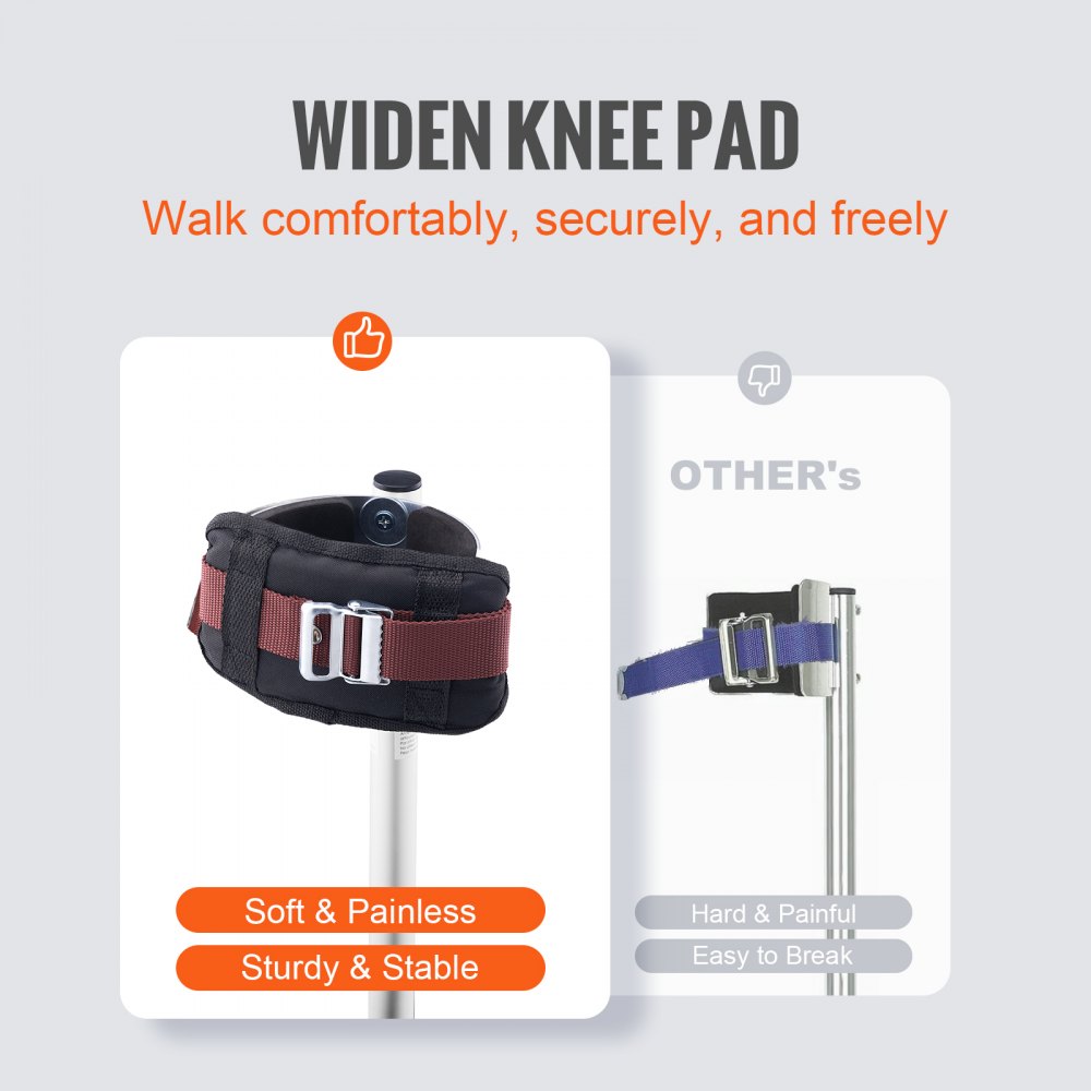 Adjustable aluminum drywall stilts with soft knee pads and rubber bases for stability.