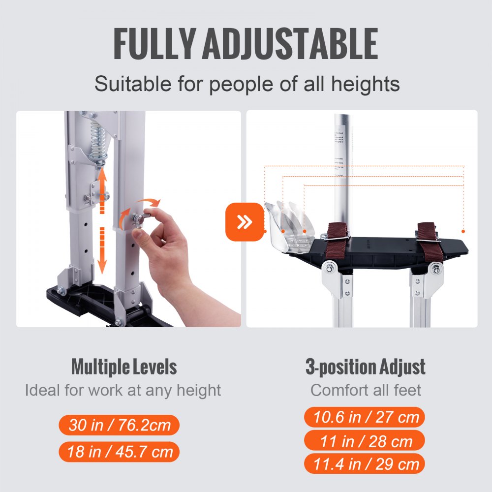 Adjustable aluminum drywall stilts with soft knee pads and shock-absorbing springs.
