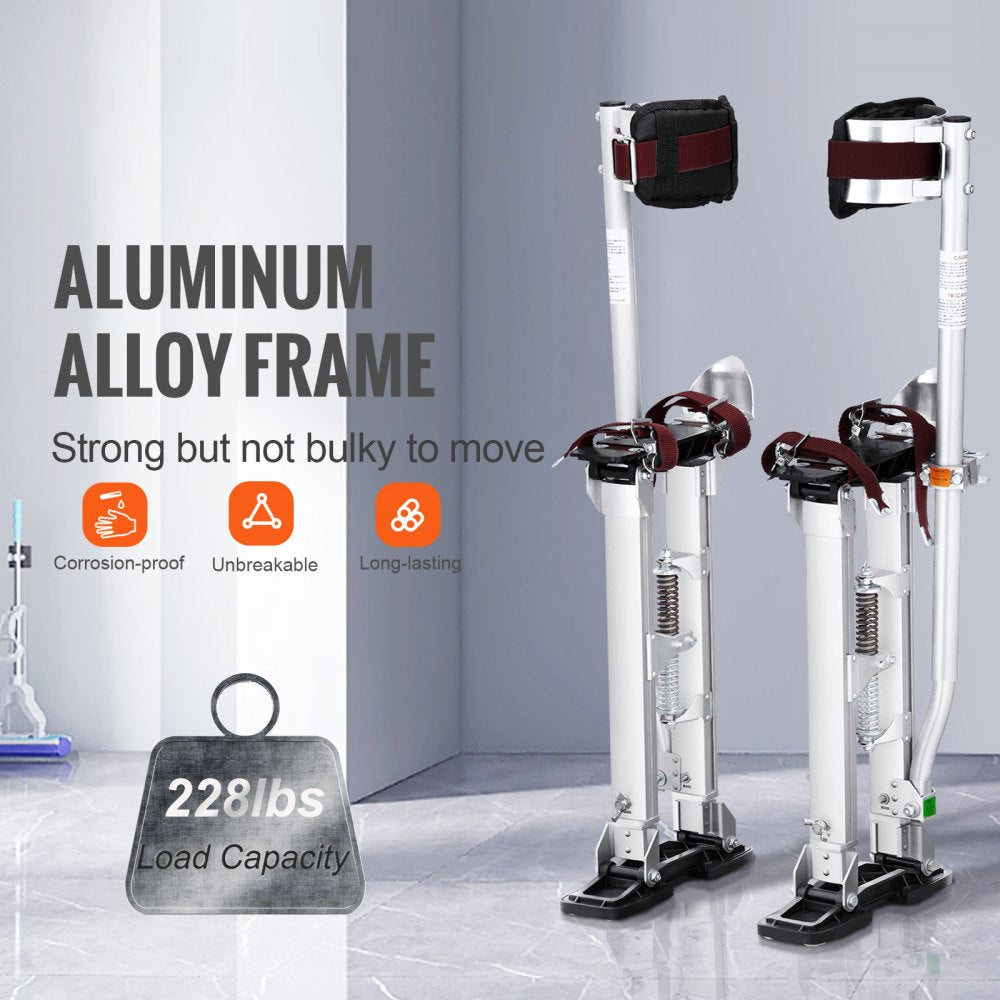 Adjustable aluminum drywall stilts with soft knee pads and rubber bases for stability.