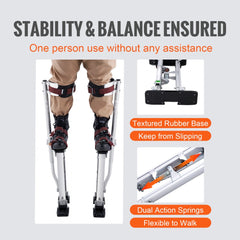 Adjustable aluminum drywall stilts with soft knee pads and rubber bases for stability and comfort.