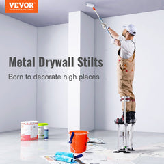 Adjustable aluminum drywall stilts with PVC knee pads and shock-absorbing springs.