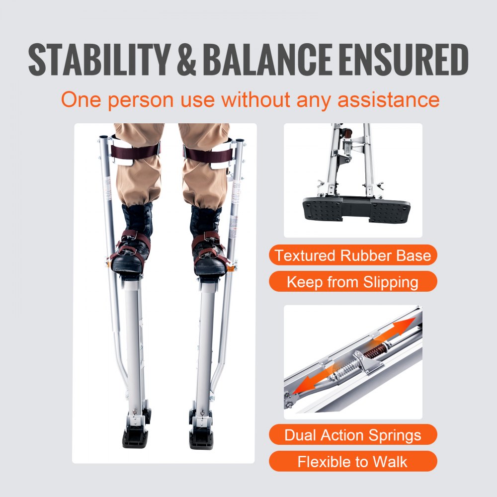 Silver adjustable aluminum drywall stilts with PVC knee pads and rubber bases for stability.