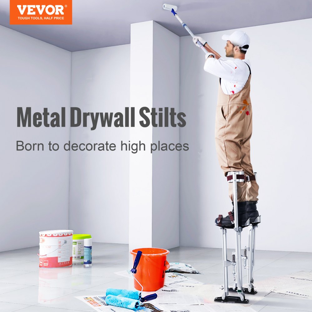Adjustable aluminum drywall stilts in silver with knee pads and textured rubber bases.