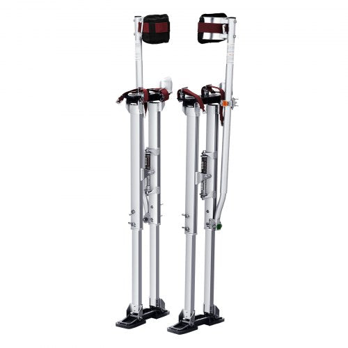Adjustable aluminum drywall stilts with knee pads, height 36-50 inches, in silver color.