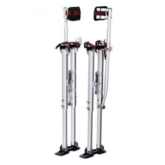 Adjustable aluminum drywall stilts with knee pads, height 36-50 inches, in silver color.