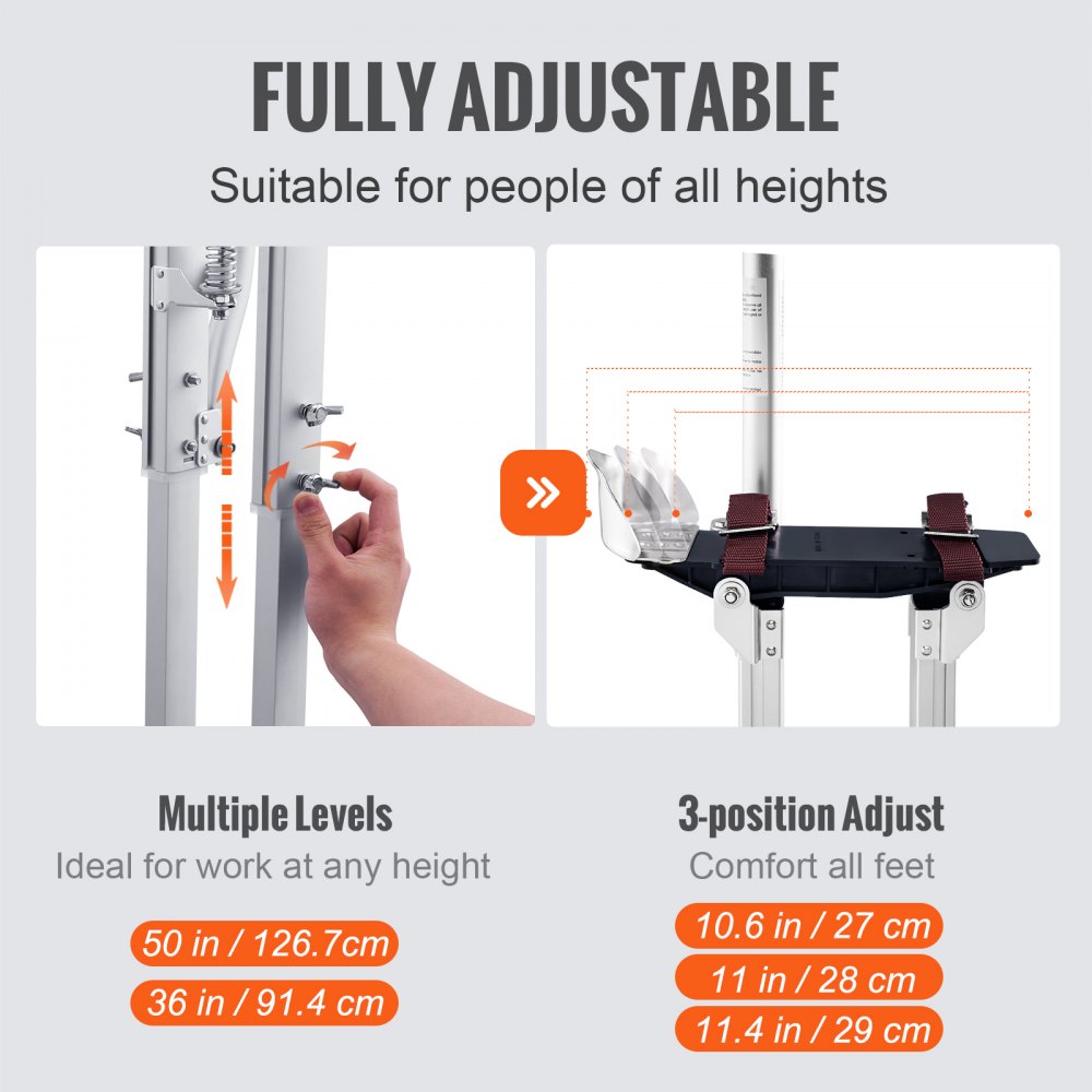Silver aluminum drywall stilts with adjustable height and soft knee pads for comfort.