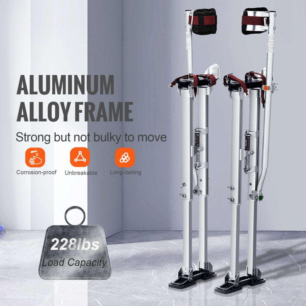 Adjustable aluminum drywall stilts with knee pads, height range 36-50 inches, in silver.